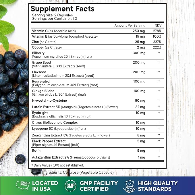 Superfood MD Eye Health Vitamins with Bilberry Lutein & Zeaxanthin Lycopene Resveratrol Grape Seed Extract Astaxanthin - AREDS 2 - Eye Vitamin - 180 Capsules