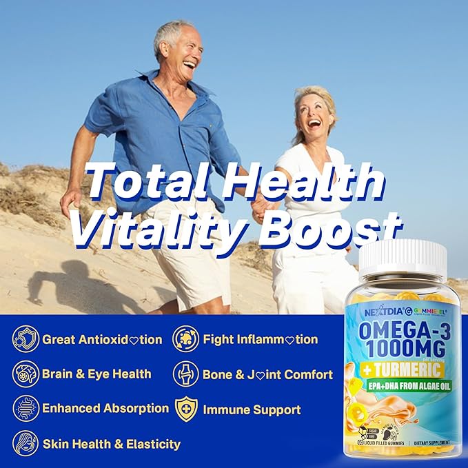 Vegan Omega-3 Gummies 1000mg + Turmeric - Omega 3 Fish Oil Alternative for Adults - Algae DHA 600mg & EPA 300mg, Vitamins A, C, E, Zinc & MSM, Sugar Free, 60 Cts