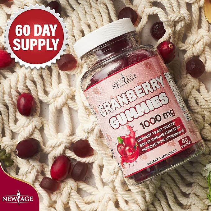 NEW AGE Cranberry Gummies Urinary Tract Health Gummies 1000mg - Supports Bladder, Kidney, UTI - Vegetarian (Cranberry 60 Gummies)