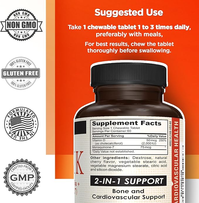 Bonex K Supplement|Vitamin D & K Complex|Supports Heart, Bones & Teeth Health|2000IU Vitamin D3 & 75mcg Vitamin K2|Non-GMO|Small & Easy to Swallow|60 Day Supply Chewable Tablets