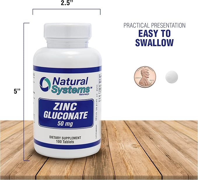 Natural Systems Zinc Gluconate 50 mg - Supports Your Immune System - Helps Bone and Muscle Strength - Elemental Minerals for Your Diet - Great Nutrition Supplement