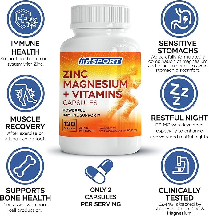 Magnesium Zinc Supplement with Vitamins B6, B9, High Absorption Zinc Magnesium Combination for Immune Support, Muscle Recovery, EZ-MG Easy on Stomach, 120 Capsules