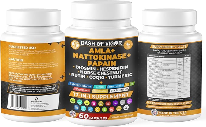 Dash of Vigor 17-in-1 Amla Extract, Papain Supplement, Nattokinase Diosmin Hesperidin Supplement, CoQ10 with Turmeric Extract, Horse Chestnut Extract, Vitamin C and Rutin, USA, 60 Capsules