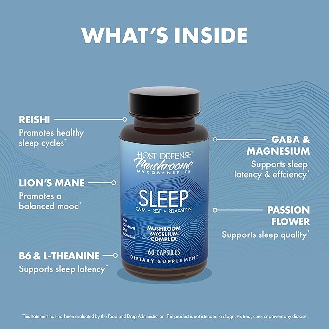 Host Defense MycoBenefits Sleep* Capsules - Rest Support for Healthy Sleep Quality - Calming Supplement with Magnesium, Lion's Mane & GABA - Aids Balanced Rest Cycles - 60 Capsules (30 Servings)*