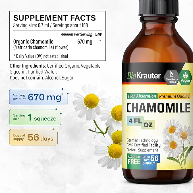 BIO KRAUTER Chamomile Tincture - Chamomile Extract - Supplement for Relaxation and Calmness Support - Alcohol and Sugar Free - Vegan Drops 4 Fl.Oz.