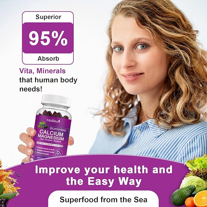Calcium Magnesium Zinc Gummies with High Absorption Magnesium Glycinate 200mg, Potassium -Plant Calcium Supplement w/ D3 & Sea Moss for Bone, Muscles, Calm Mood & Sleep Support- Kids & adults (1 Pack)