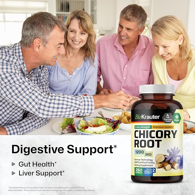 BIO KRAUTER Chicory Fiber Supplement - 1200 mg Strength - 250 Count - Chicory Root Powder - Inulin Capsules for Digestive Support - Vegan