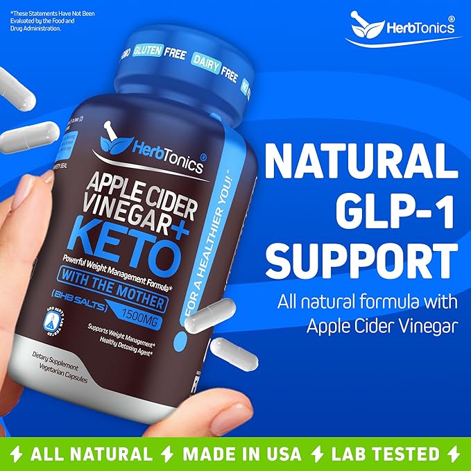 Herbtonics Apple Cider Vinegar with Keto BHB Salts - GLP-1 Support Supplement | Keto Diet Pills for Women & Men | Supports Appetite & Metabolic Function | 240 Keto ACV Capsules