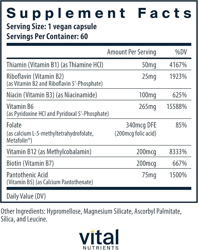 Vital Nutrients Vitamin B6 + B Complex | Vegan Methylated B Vitamins for Energy, Metabolism, Heart Health* | High-Potency Vitamin B6 for Menstrual Discomfort * | Gluten, Dairy, Soy Free | 60 Capsules