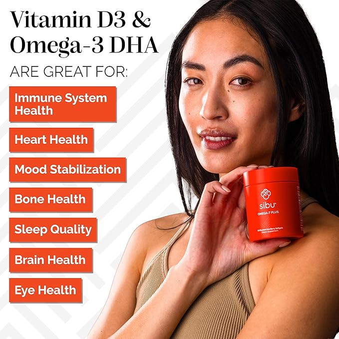 sibu Omega-7 Plus Softgels (60ct, 30 Day Supply) – Blend of Sea Buckthorn Oil and Plant-Based Vitamin D3 & Omega-3 DHA