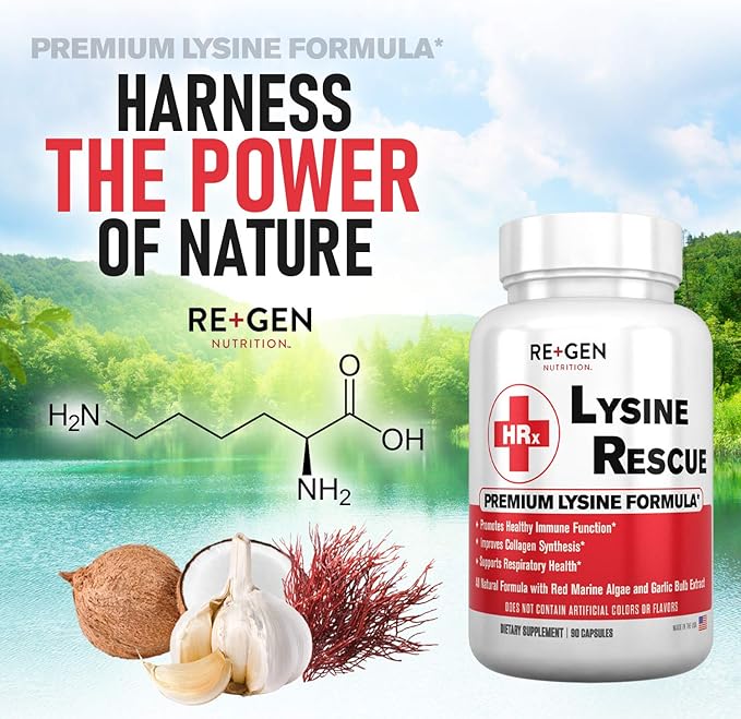 Re+Gen Nutrition Lysine Rescue, Amino Acid Supplement for Stronger Immune Health & Collagen Synthesis in Women & Men, Promotes Lips & Skin Health, Natural, Pure L-lysine, 90 Capsules, 45 Day Supply