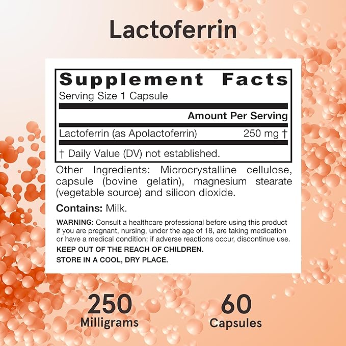 Jarrow Formulas Lactoferrin 250 mg - Immune-Supporting Glycoprotein - For Healthy Immune System Support & Iron Absorption - Freeze Dried - Gluten Free - Non-GMO - 60 Capsules (Servings)