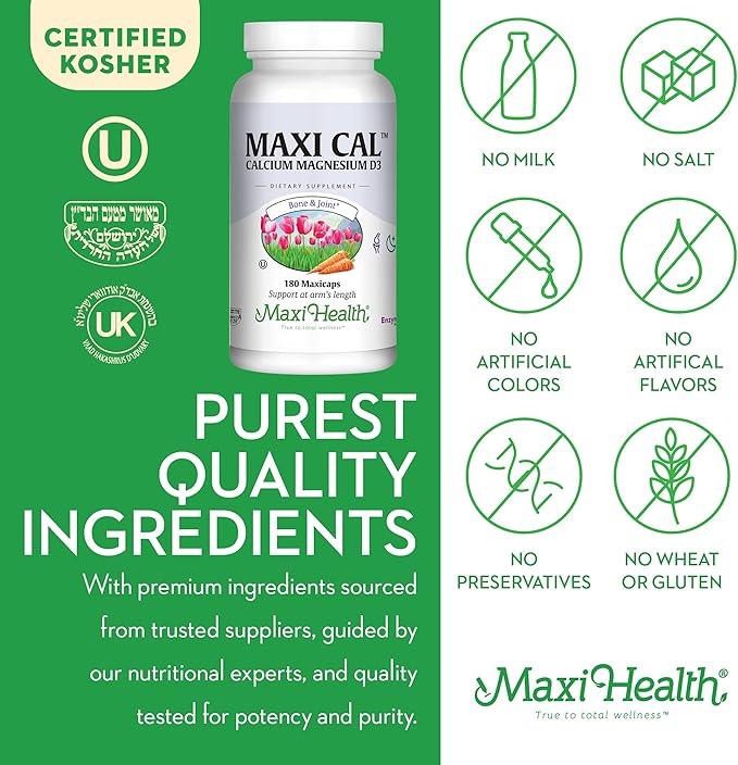 Maxi Health Calcium 1000 mg Supplement with Vitamin D3 (1000 IU) and Magnesium (500 mg) - Bone, Teeth and Joint Support for Men and Women - 180 Capsules - Maxi Cal