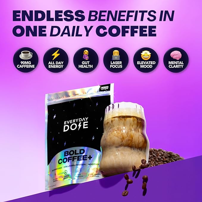 Everyday Dose Bold Medium Roast Mushroom Coffee 90mg Caffeine per Serving with Grass-Fed Collagen, Chaga, Lions Mane & L-Theanine for Better Focus, Energy, Digestion, Skin, and Immunity 30 Servings