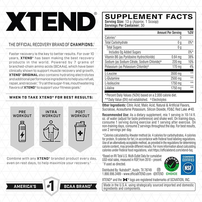XTEND Original BCAA Powder 7g BCAA and 2.5g L-Glutamine, Sugar Free Post Workout Muscle Recovery Drink with Amino Acids for Men & Women, 30 Servings
