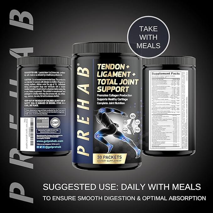 PREHAB Tendon + Ligament + Total Joint Support | Joint Supplement for Athletes | 40 Ingredient Super Complex | Glucosamine Chondroitin MSM Turmeric Boswellia | Premium Tendon Ligament Joint Supplement