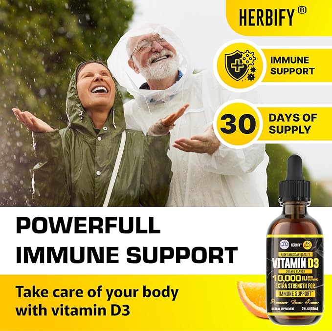 HERBIFY Vitamin D3 10000 IU - Made in USA Liquid Vitamin D Drops - Bone Strength and Immune Support Supplement - Sunshine Replacement - D3 Vitamin Bone and Teeth Supplement - 2 Oz