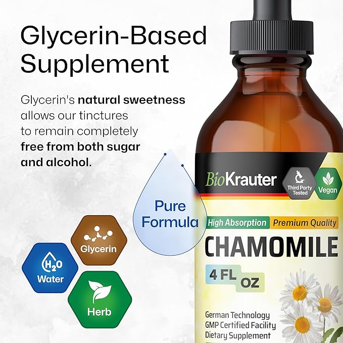 BIO KRAUTER Chamomile Tincture - Chamomile Extract - Supplement for Relaxation and Calmness Support - Alcohol and Sugar Free - Vegan Drops 4 Fl.Oz.