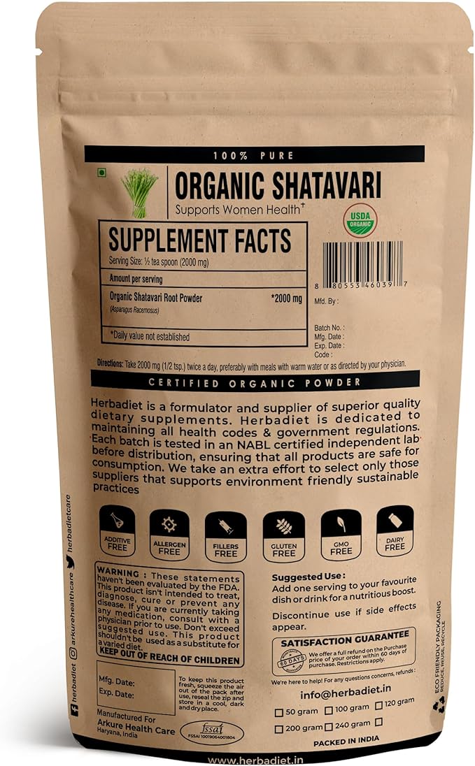 Shatavari Root Organic Powder | Ayurvedic Herb for Women Health Support, Balanced Female Hormones, Lactation Supplement | 100% Pure Wild Asparagus Racemosus Roots (227 gram/ 8 oz)