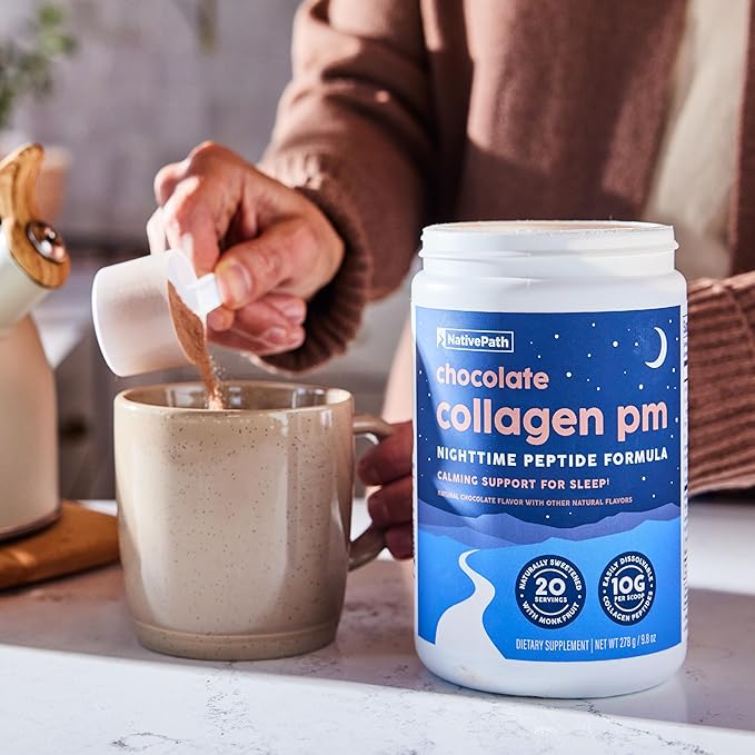 NativePath Collagen PM - Chocolate Nighttime Collagen Peptides Powder with Magnesium, GABA, L-Theanine and Melatonin - 20 Servings