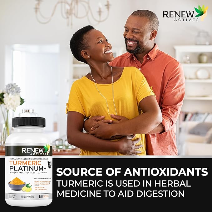 Renew Actives Turmeric Platinum 1350MG per 3 Capsules with Black Pepper & Ginger – Antioxidant, Liver & Digestive Support – Reduces Inflammation & Boosts Immunity – Made in Canada – 120 Capsules