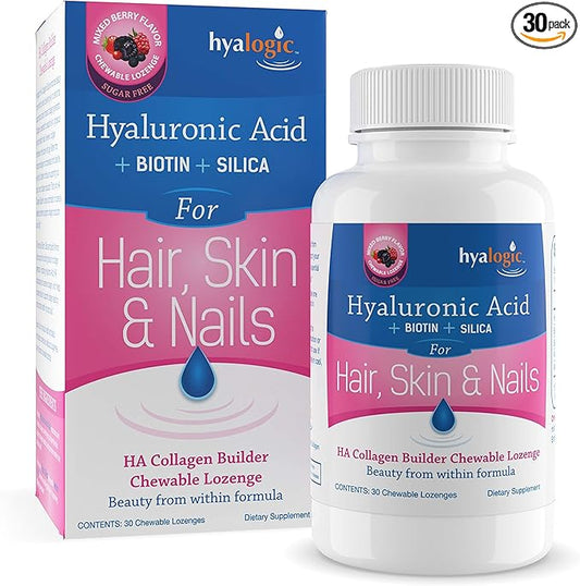 Hyalogic Hair Skin & Nails Hyaluronic Acid Collagen Builder – Delicious Berry Flavored Collagen Boost Chewable Lozenges – Sugar Free Vegan Collagen Ideal to Enhance Your Natural Beauty – 30 Count