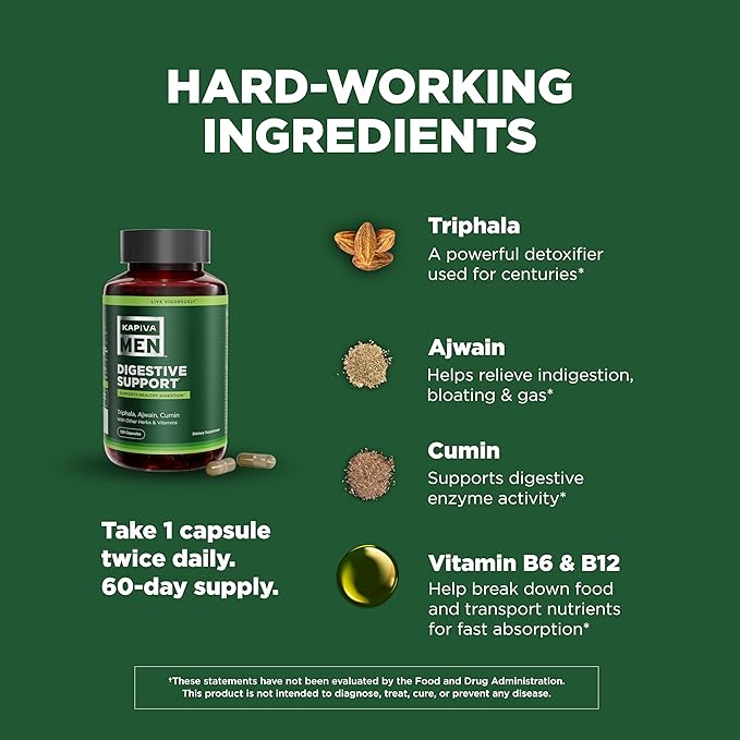 Digestive Support Supplement with Triphala, Ajwain, Cumin, and Other Herbs and Vitamins, Supports Healthy Digestion and Gut Health, 60 Day Supply, 120 Capsules