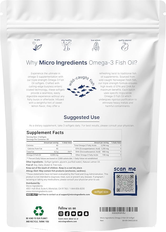 Micro Ingredients Triple Strength Omega 3 Fish Oil Supplements –Lemon Flavored – Burpless (Enteric-Coated) | Deep Sea Fish, Wild Caught from Norwegian Waters
