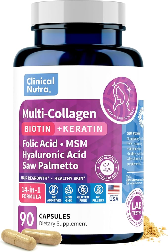 Collagen Peptides l Biotin l Keratin l Hyaluronic Acid l Saw Palmetto - Hair Growth Vitamins for Women and Men Supplement - Dht Blocker Supplements 90 Capsules USA Made