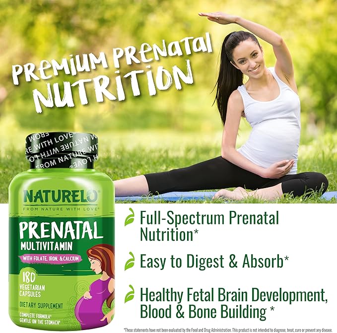 NATURELO Prenatal Multivitamin with Gentle Chelated Iron, Methyl Folate, Plant Calcium & Choline - Vegan, Vegetarian - Non-GMO - Gluten Free - 180 Capsules - 4 Month Supply (Pack of 2)