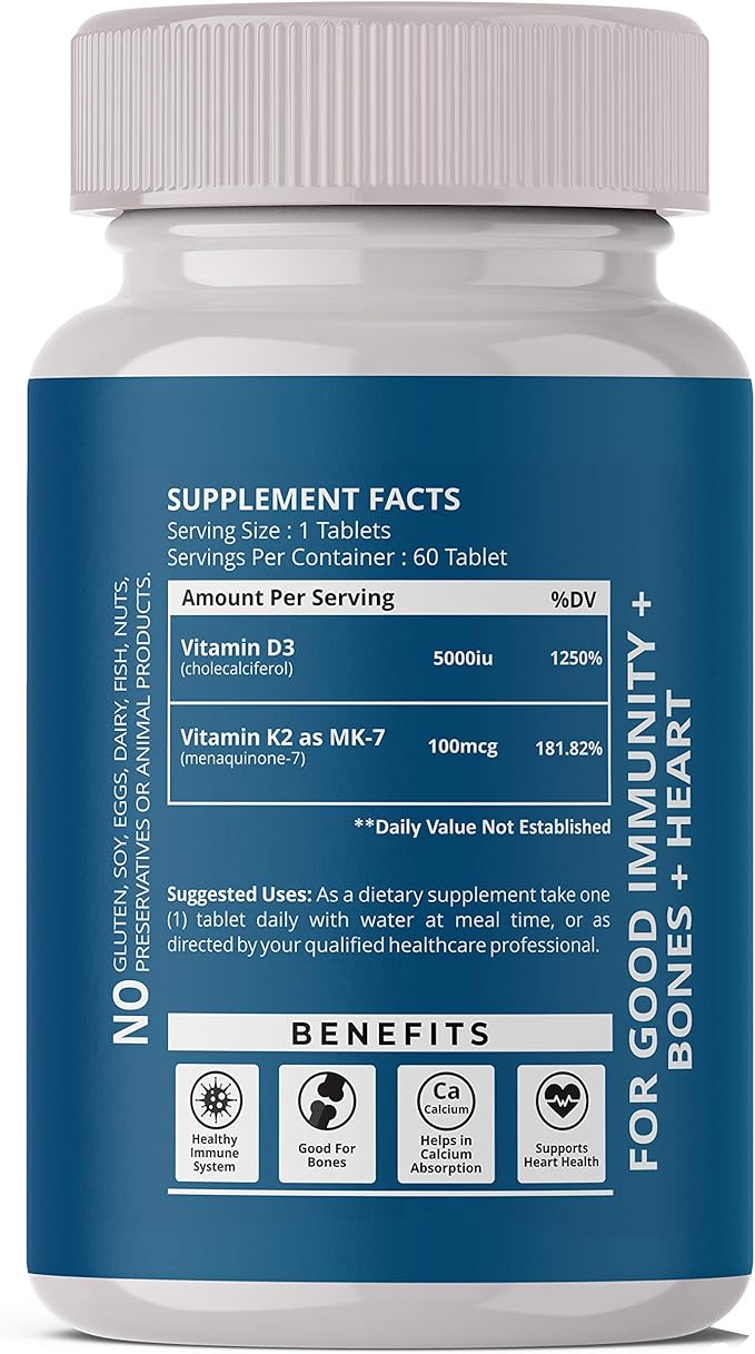 Vitamin K2 (MK7) with D3 Supplement Bone and Heart Health Non-GMO Formula 5000 IU Vitamin D3 & 100 mcg Vitamin K2 MK-7 Easy to Swallow Vitamin D & K Complex, 60 Tablets