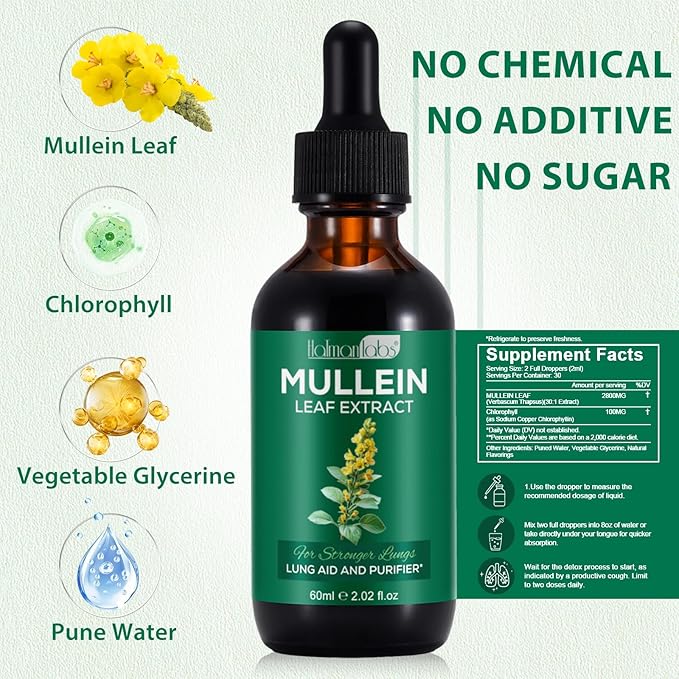 2 Pack Mullein Drops for Lungs, Natural Mullein Herbal Supplements, Mullein Leaf Extract for Lung Cleanse and Respiratory Support, 2.02 fl oz