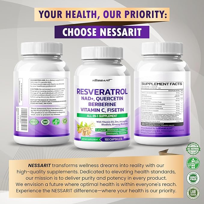 RESVERATROL Supplement - 18-in-1 Natural Blend with NAD + Milk Thistle Astragalus Rhodiola Gotu Kola Elderberry Blueberry - 150 Count - Made & Tested in The USA