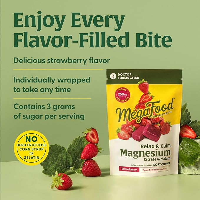 MegaFood Relax + Calm Magnesium Supplement - Soft Chews with Magnesium Citrate & Malate for Heart Health, Muscle Tension & More - Vegetarian - Strawberry-Flavor - 30 Chews per Pack (2 Pack)