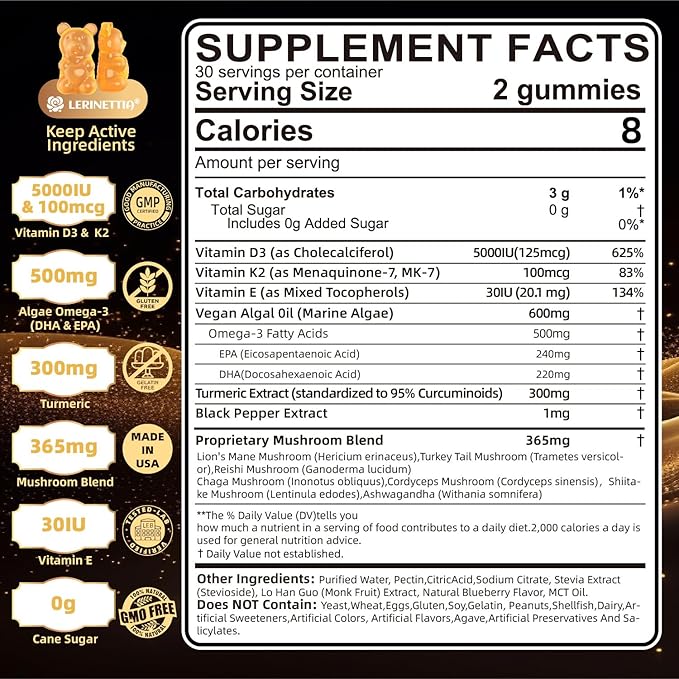 Vitamin D3 5000iu(125mcg) + Vitamin K2(MK7) Gummies with Algae Omega 3 | Maximum Strength Vitamin D3+K2 | for Bone, Teeth, Energy, Immune, Calcium Absorption - Vegan, Sugar Free,120Ct
