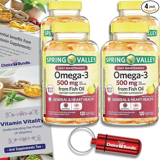 Spring Valley Fish Oil Omega 3 Fatty Acid Supplement Lemon Softgels 500 mg 120 Ct 4 pk (480 Total) + Vitamin Guide and Pill Container (6 Items)!