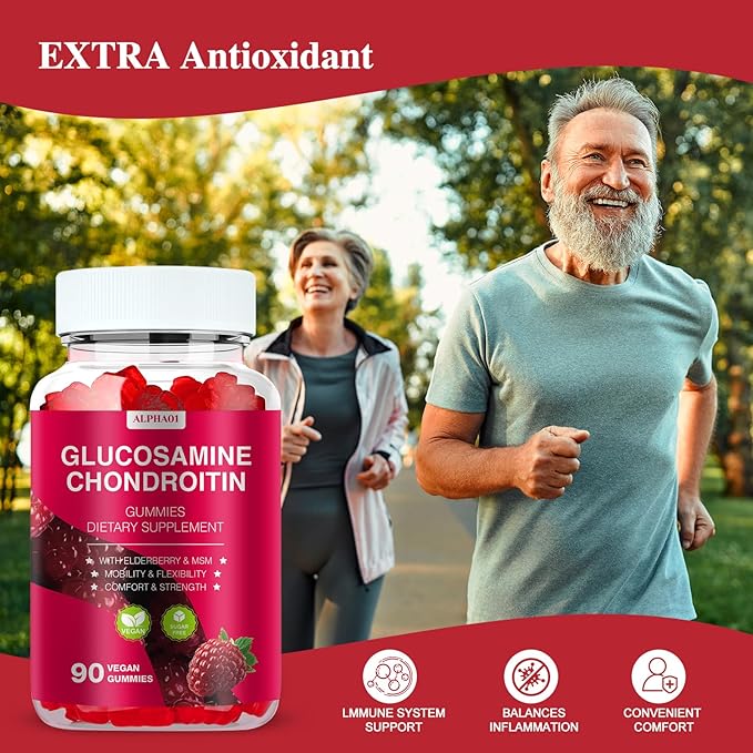 Glucosamine Chondroitin Gummies - 3000MG Extra Strength Joint Support Supplement with MSM & Elderberry, Flexibility, Antioxidant Immune Support Gummy for Adults, Men & Women - 90 Raspberry Gummies