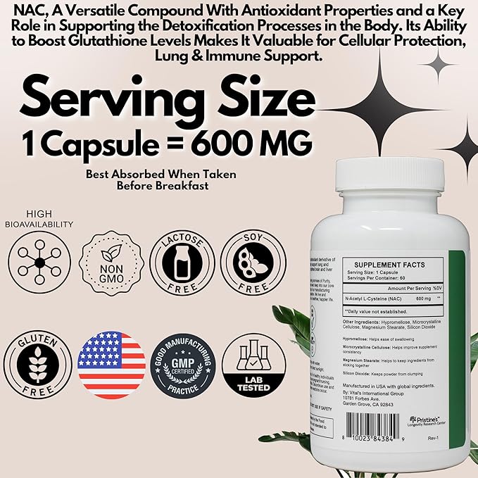 PRISTINE'S N-Acetyl L-Cysteine (NAC) Immunity, Lung, & Liver Support Supplement Capsules - 600MG 60 Day Supply - Potent Antioxidant - Vegan, Gluten Free, Non GMO
