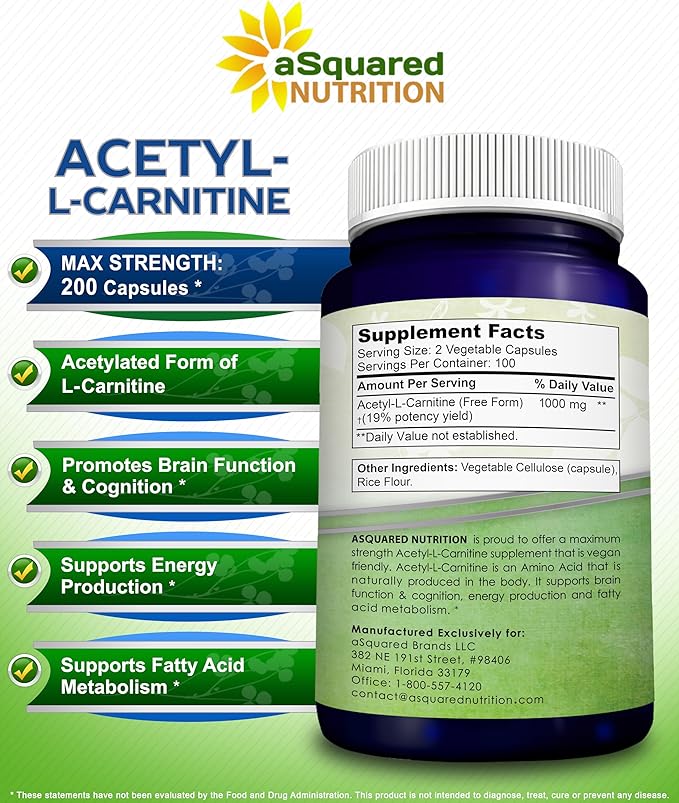 aSquared Nutrition Acetyl L-Carnitine 1000mg Max Strength - 200 Veggie Capsules - High Dosage Acetyl L Carnitine HCL (ALCAR) Supplement Pills to Support Pure Energy, Brain Function & Fatty Acid