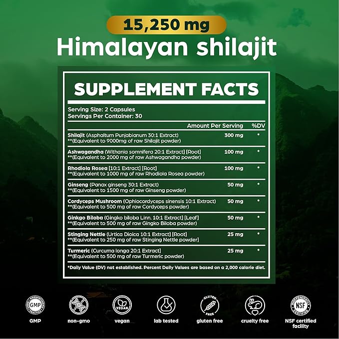 Anuva Pure Premium Himalayan Shilajit 15,250mg, with Ashwagandha, Cordyceps Mushroom, Turmeric, Ginseng, Gingko Biloba, Stinging Nettle, 60 Vegetarian Capsules | Shilajit for Men, Shilajit for Women