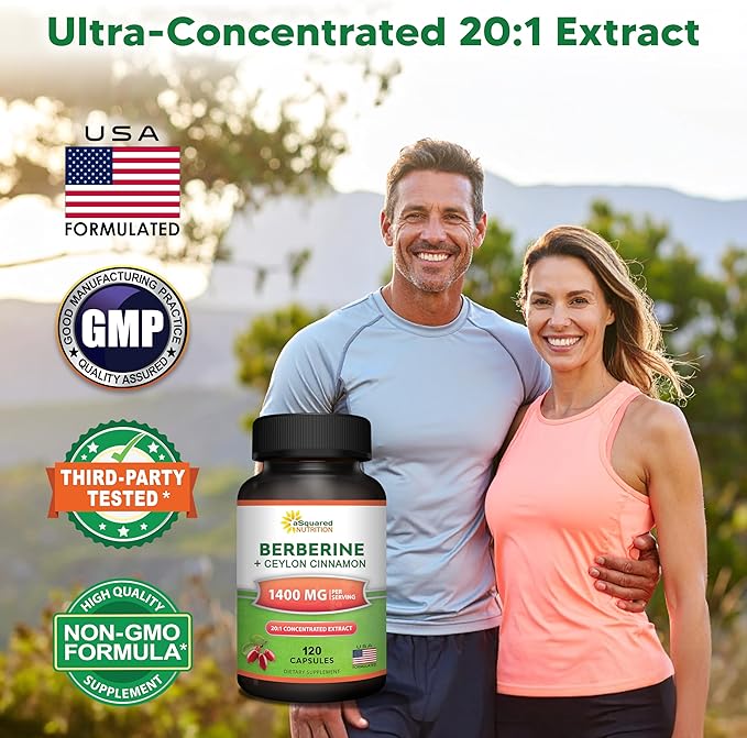 aSquared Nutrition Berberine with Ceylon Cinnamon Supplement - 1400mg Max Strength Complex - 120 Capsules - 1200mg HCl Powder Extract Plus Pills - Alternative to Gummies & Drops