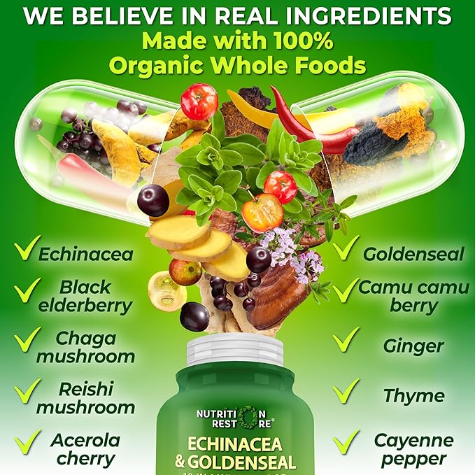 Echinacea Goldenseal Capsules - 10 in 1 Immune Support Supplement - 1455mg - Vegan Echinacea Capsules Supplement Made With Organic Whole Foods - Herbal Immune System Support - 2 Month Supply