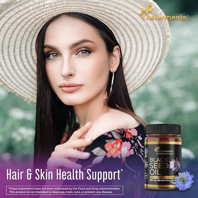 Naturments Premium Black Seed Oil Vegetarian Capsules 100% Organic Unrefined Non GMO Cold Pressed Extra Virgin Nigella Sativa Pure Halal Kalonji Oil - 60 Capsules (500 mg Each)
