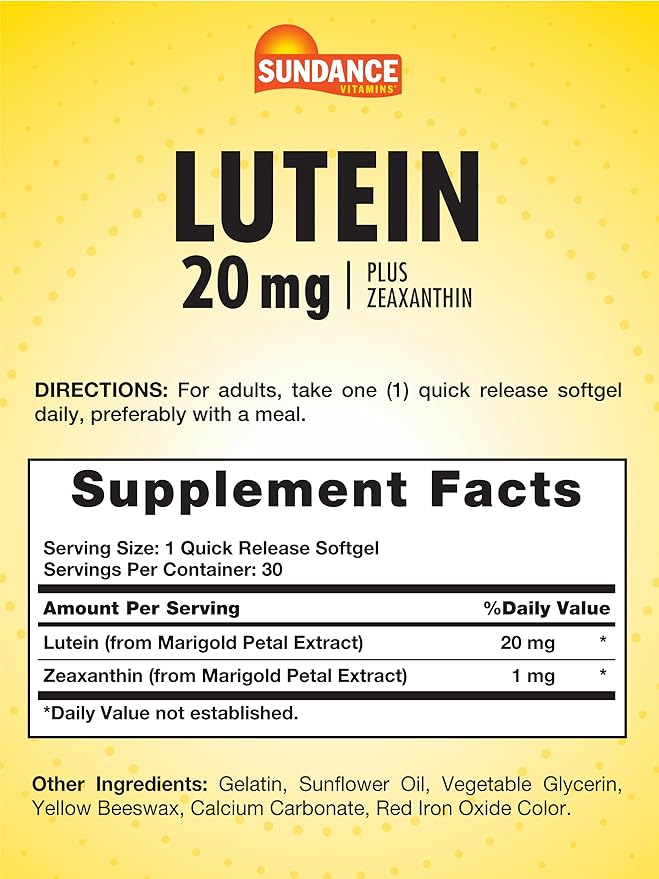 Sundance Lutein 20mg | 30 Softgels | with Zeaxanthin | Non-GMO and Gluten Free Supplement