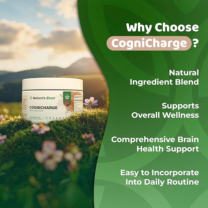 CogniCharge Brain Supplements for Memory, Focus & Clarity - with Bacopa Monnieri Extract, Guarana Powder, Niacin, L-Tyrosine, Alpha GPC, GABA & More - 3.63 Oz - 30 Servings - Cocoa Mist Flavor