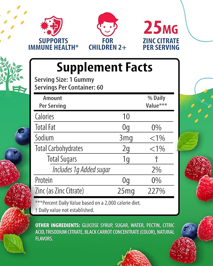 Zinc Gummies for Kids - Chewable Zinc Gummy Supplement for Children Immune Support - Low Sugar Natural Antioxidant Non-GMO Vitamin Chewables for Toddlers & Teens