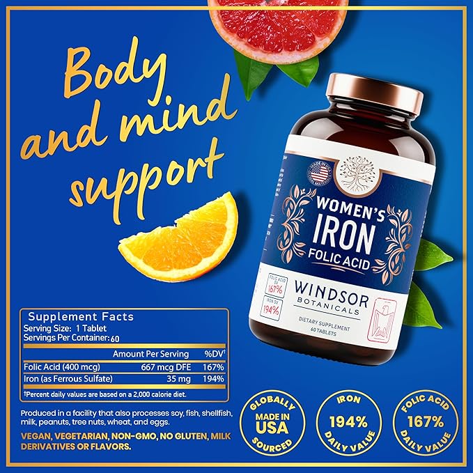 Iron and Folic Acid Supplements for Women - 35mg Gentle Iron Vitamin, Folic Acid 400mcg - Anemia, Period, Pregnancy Support Supplement, Ferrous Sulfate Pills - 60 Vegan Non-Constipating Tablets