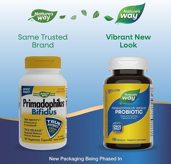 Nature's Way Primadophilus Bifidus Probiotic, Supports Digestive Flora*, 5 Billion Live Probiotic Cultures per Capsule, Lactobacilli, Bifidobacteria, 180 Capsules (Packaging May Vary)