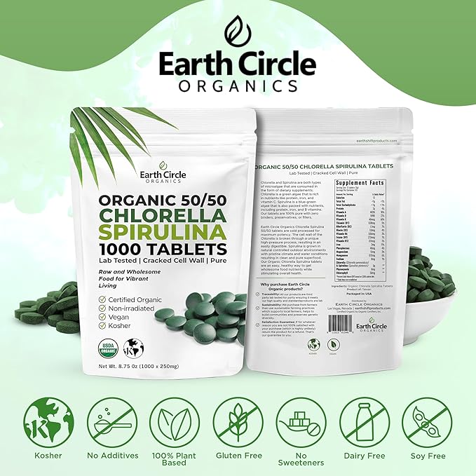 Premium Organic CHLORELLA /SPIRULINA 1000 Tablets (50/50) Kosher, Vegan - Green Algae Superfood, Cracked Cell Wall, Chlorophyll, High in Protein & Iron, no additives, or fillers 8.75 Oz (3 Pack)