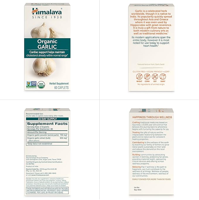 Himalaya Organic Garlic, For Lipid Metabolism and Immune Support, 1,400 mg, 60 Caplets, 1 Month Supply, 2 Pack